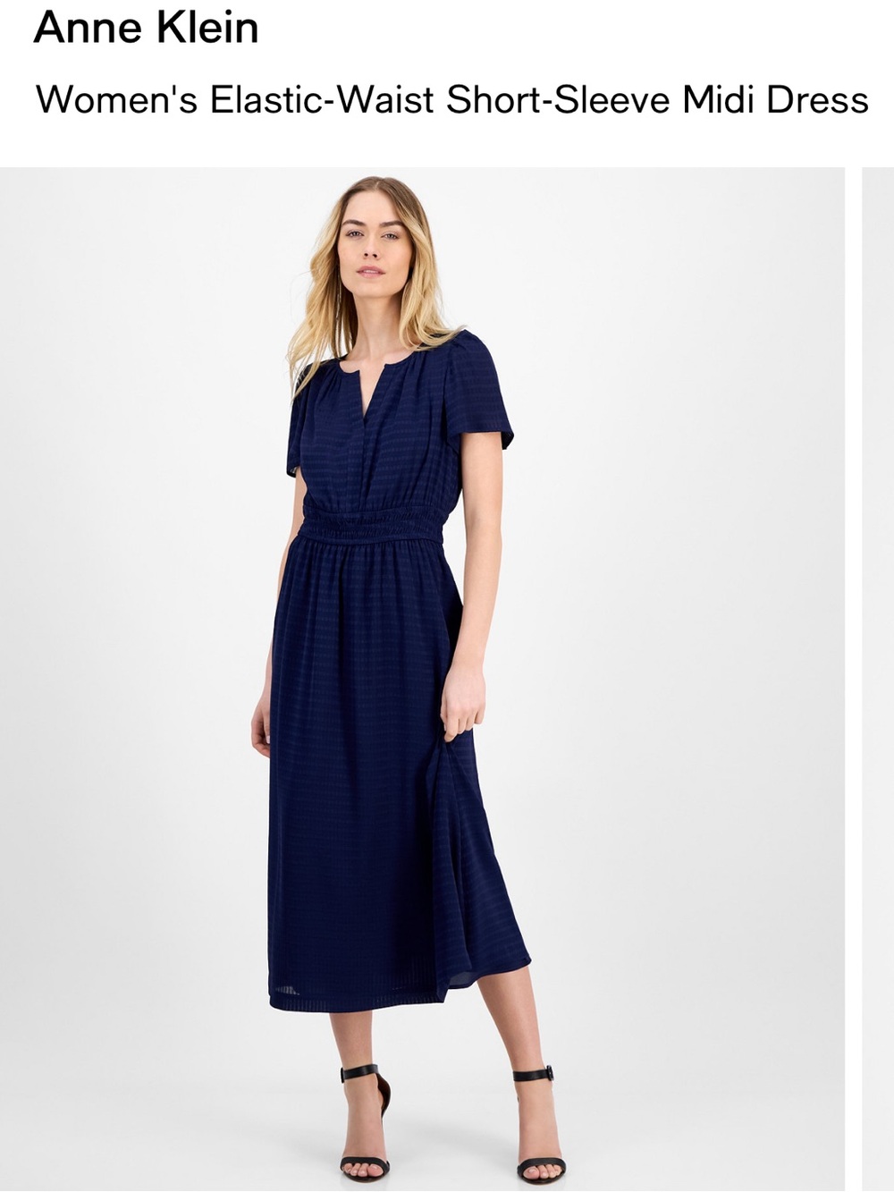 Anne Klein Navy Short-Sleeve Elastic-Waist Midi Dress